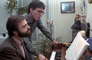 Frank and Thom composing one of their comic scores for a project in Hollywood, circa 1980s